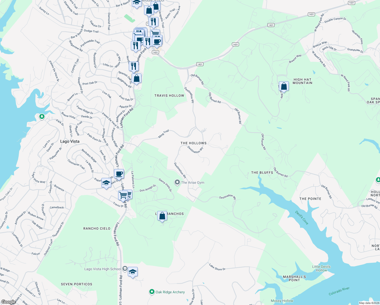 map of restaurants, bars, coffee shops, grocery stores, and more near 6821 Destination Way in Leander