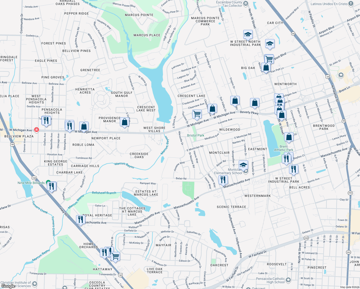 map of restaurants, bars, coffee shops, grocery stores, and more near 4611 Marseille Drive in Pensacola
