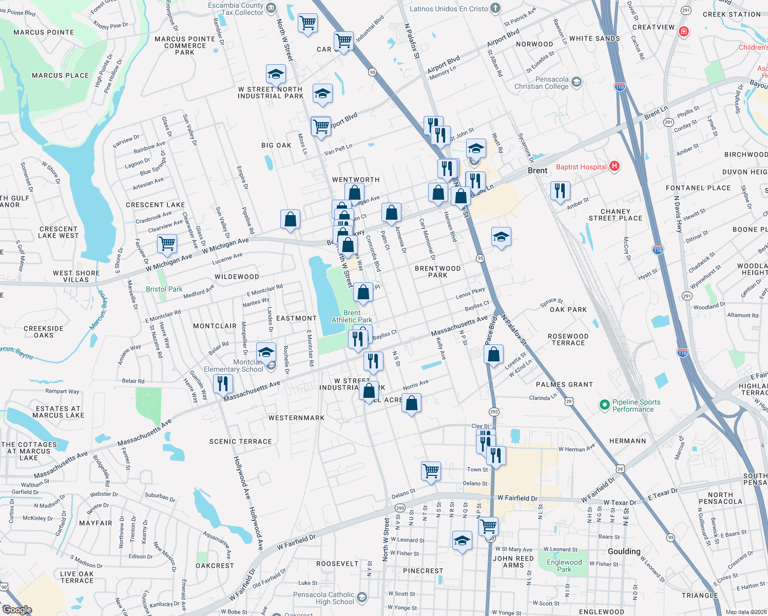 map of restaurants, bars, coffee shops, grocery stores, and more near 211 Concordia Boulevard in Pensacola