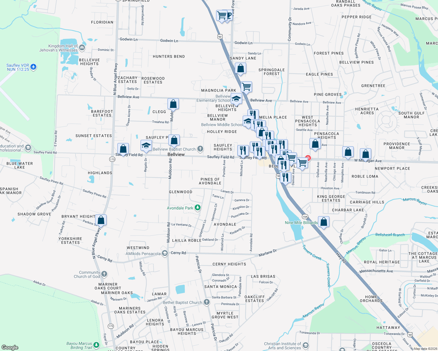 map of restaurants, bars, coffee shops, grocery stores, and more near 4863 Randee Circle in Pensacola