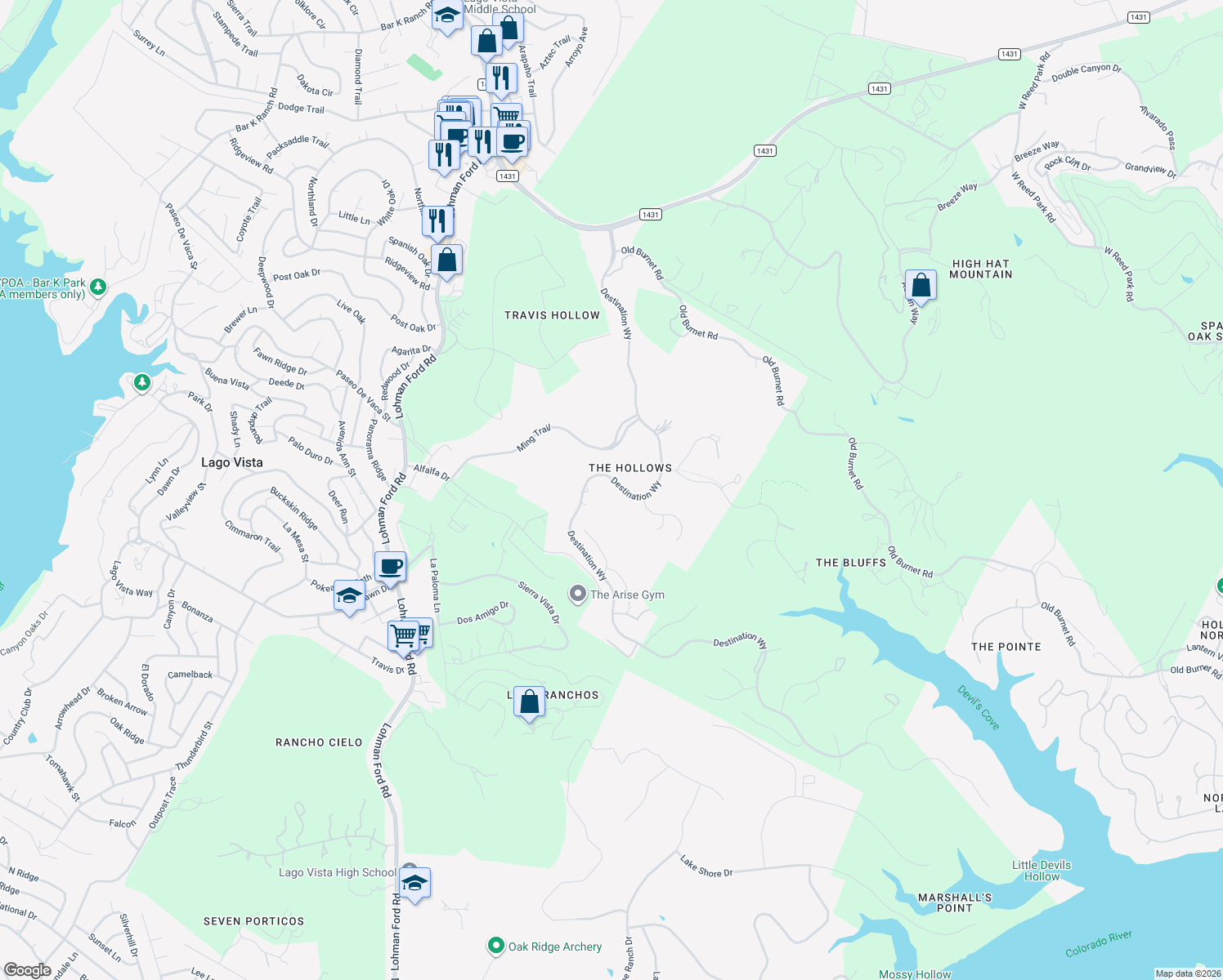 map of restaurants, bars, coffee shops, grocery stores, and more near 6821 Destination Way in Leander