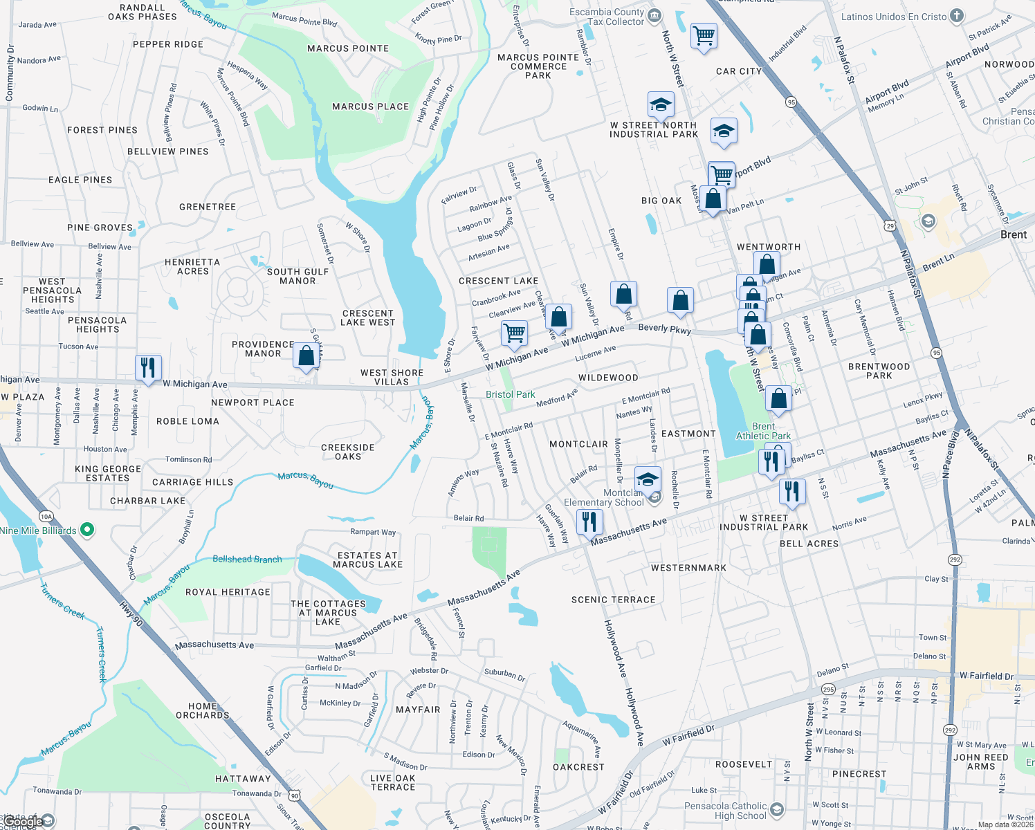map of restaurants, bars, coffee shops, grocery stores, and more near 1135 Medford Avenue in Pensacola