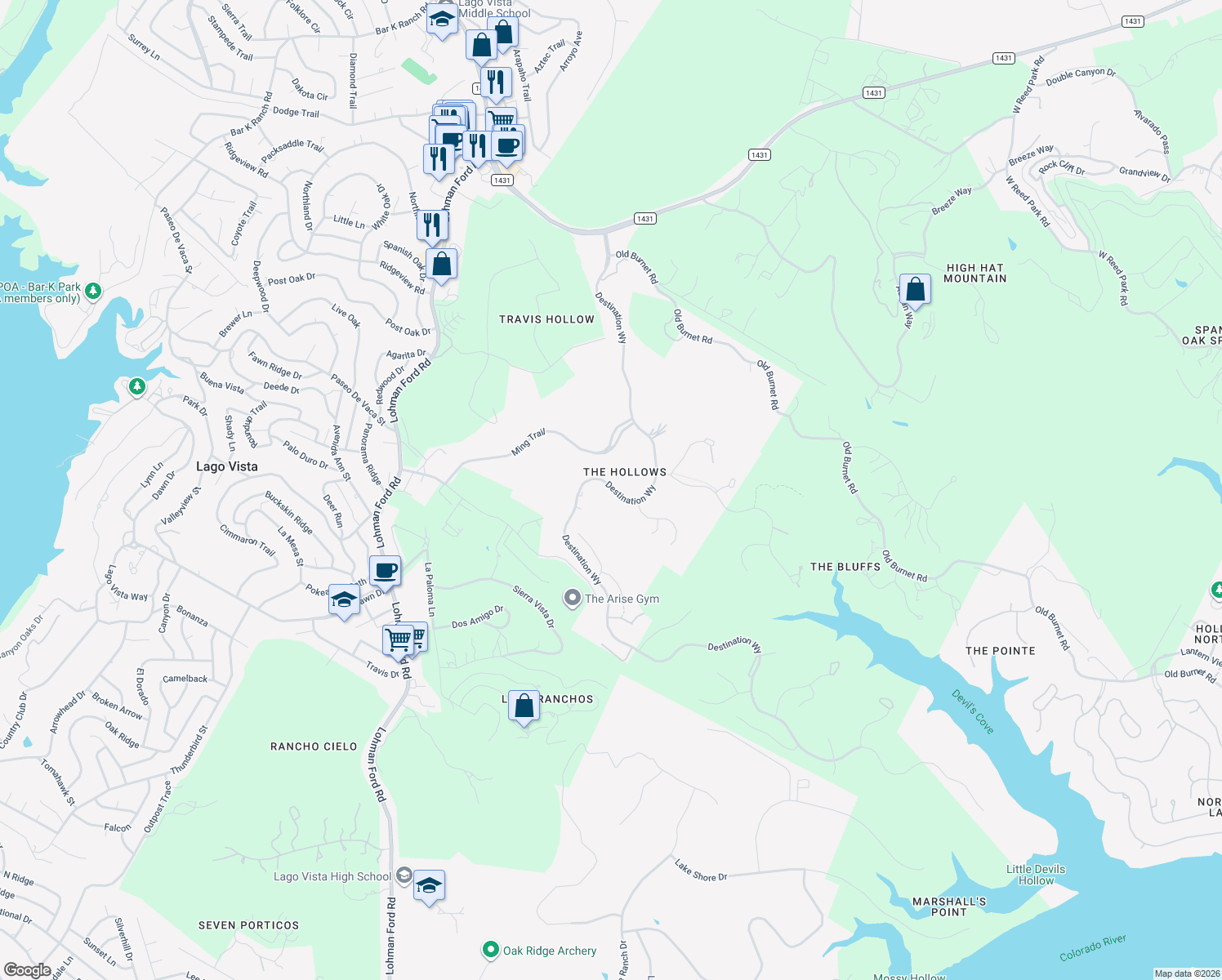 map of restaurants, bars, coffee shops, grocery stores, and more near 6821 Destination Way in Leander
