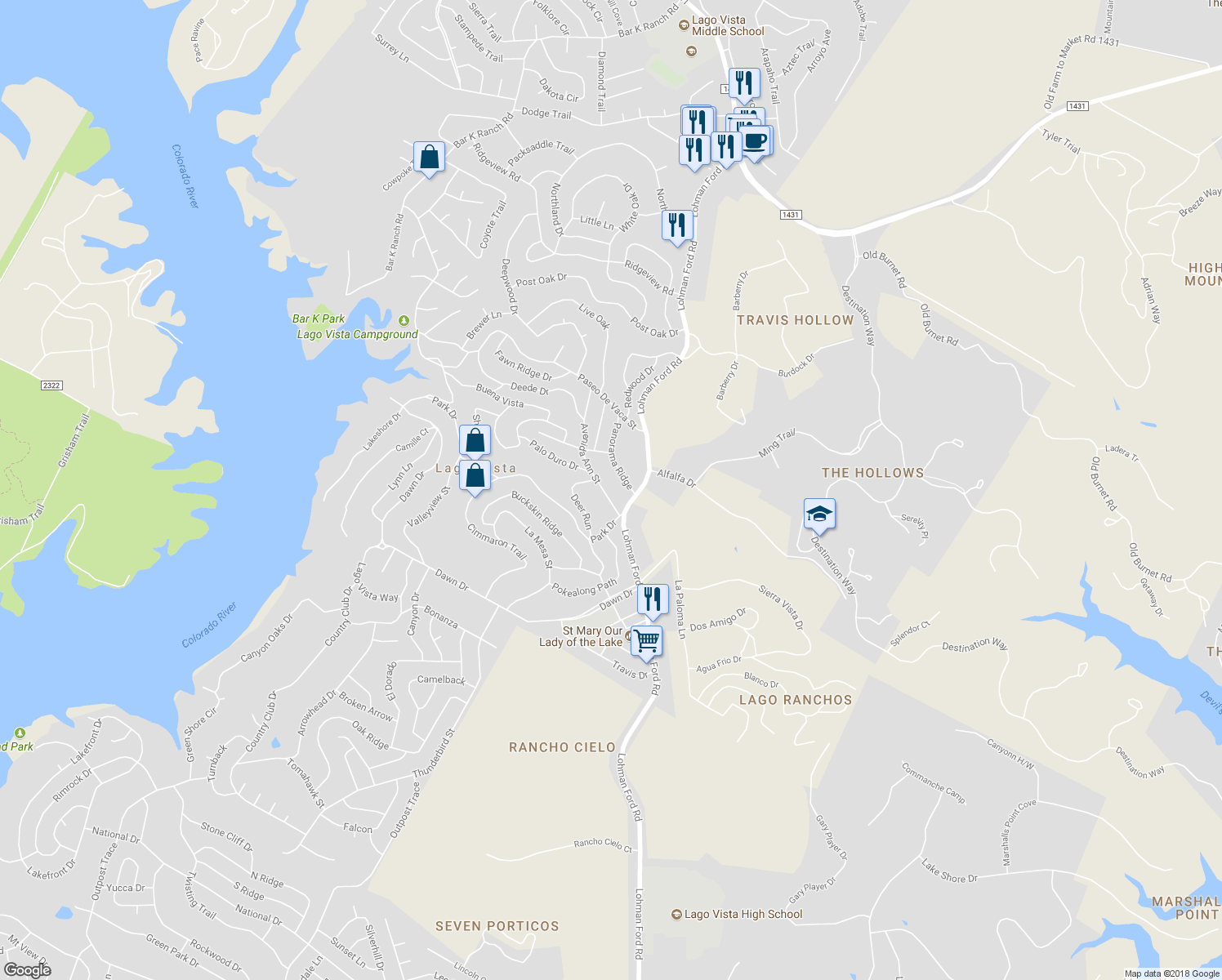 map of restaurants, bars, coffee shops, grocery stores, and more near 6509 Avenida Ann Street in Lago Vista