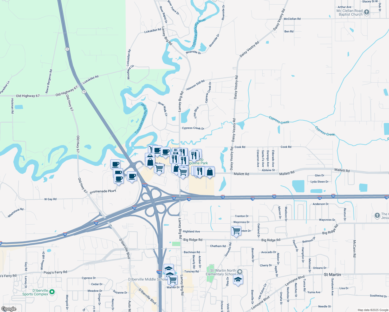 map of restaurants, bars, coffee shops, grocery stores, and more near 3240 Road 113 in D'Iberville