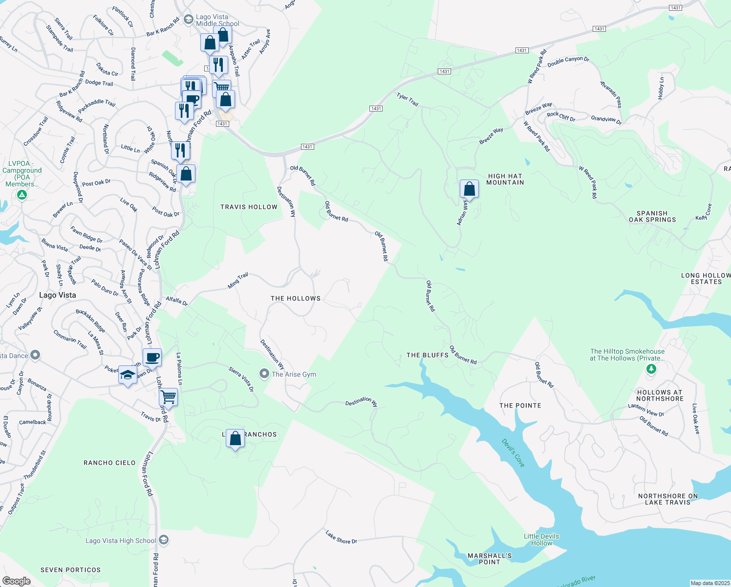 map of restaurants, bars, coffee shops, grocery stores, and more near 7212 Celebration Court in Jonestown
