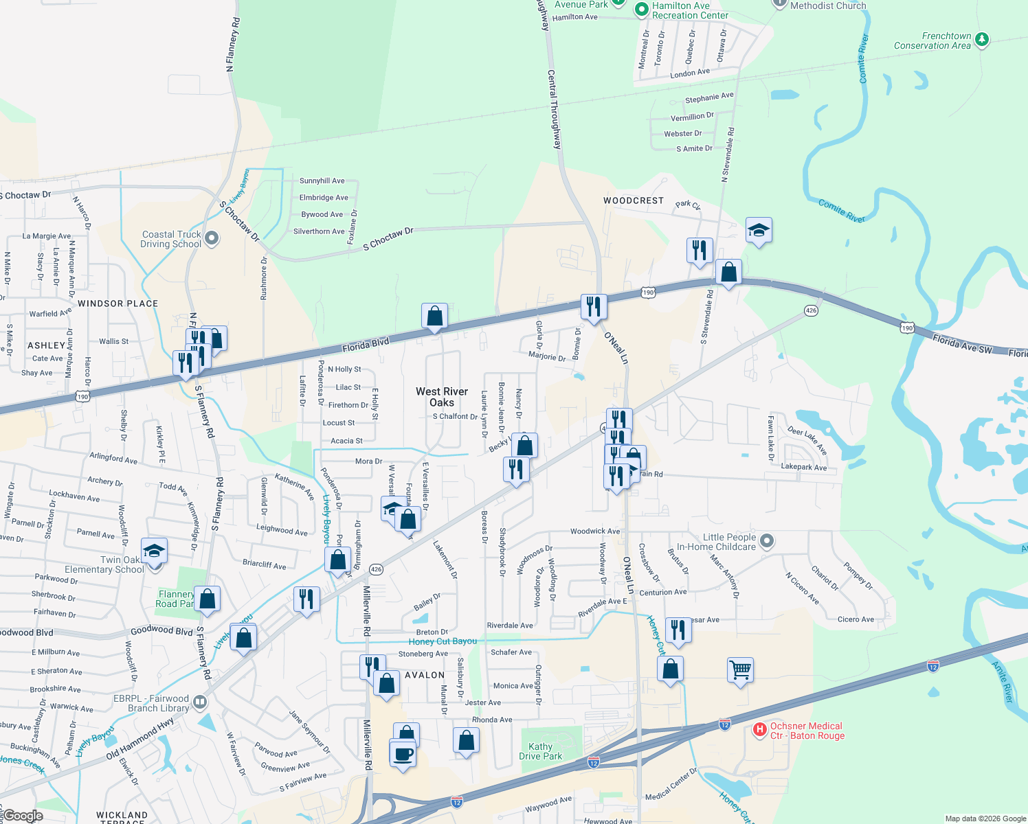 map of restaurants, bars, coffee shops, grocery stores, and more near 458 Nancy Dr in Baton Rouge