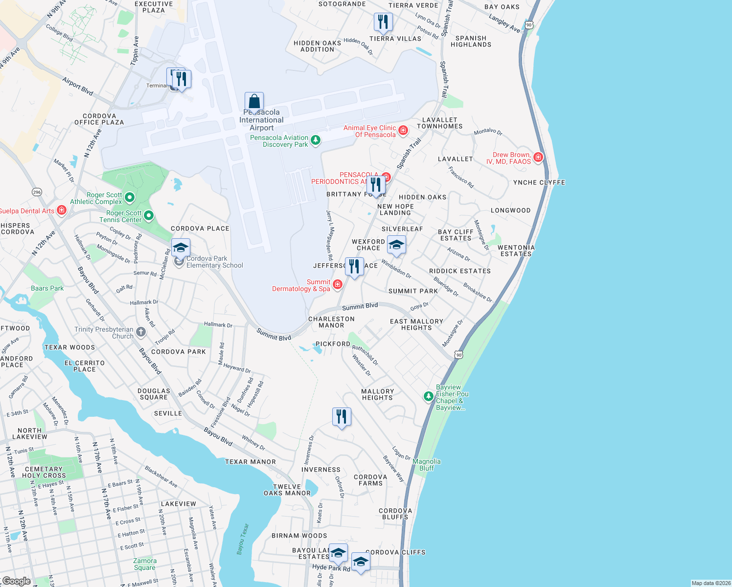 map of restaurants, bars, coffee shops, grocery stores, and more near 3940 Renoir Street in Pensacola