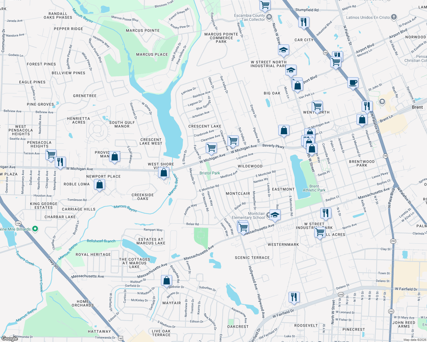 map of restaurants, bars, coffee shops, grocery stores, and more near 5200 Bristol Ave in Pensacola