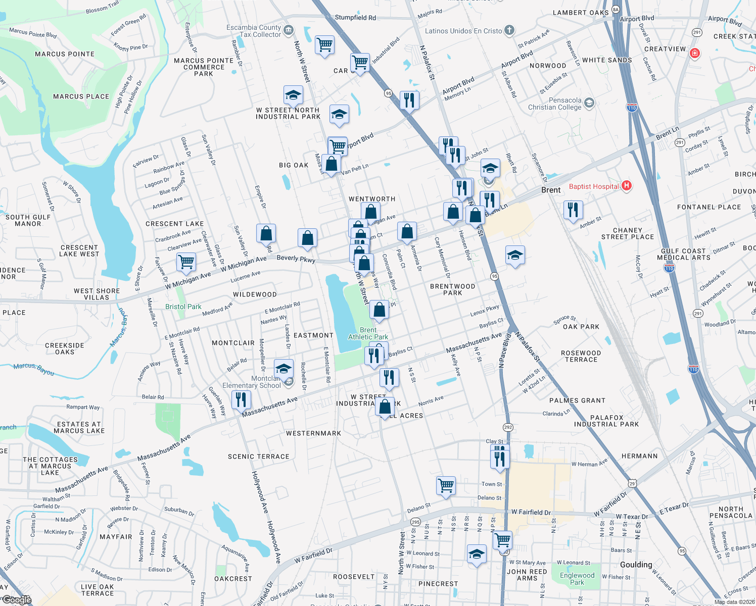 map of restaurants, bars, coffee shops, grocery stores, and more near 4905 Chimes Way in Pensacola