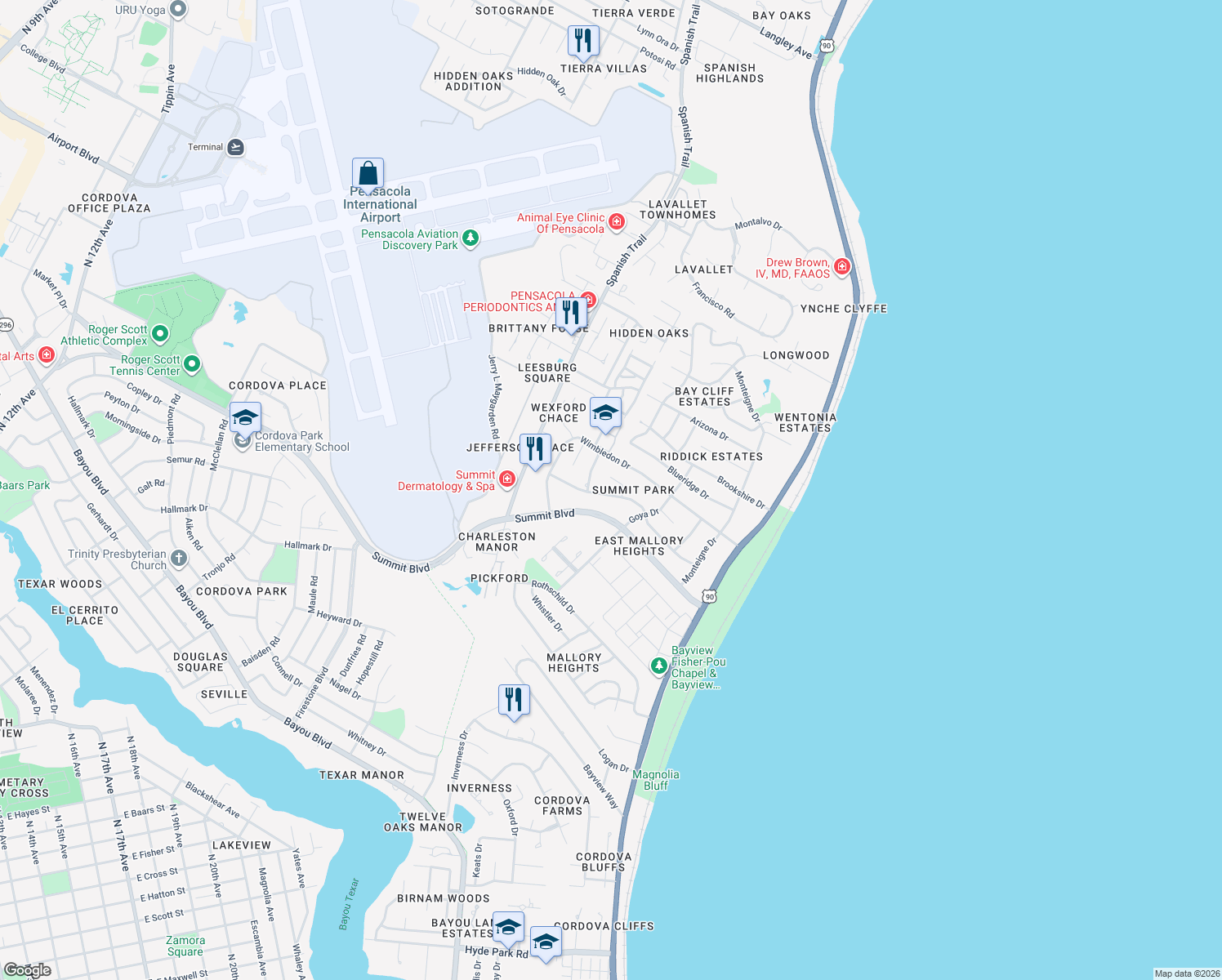 map of restaurants, bars, coffee shops, grocery stores, and more near 3530 Marjean Drive in Pensacola