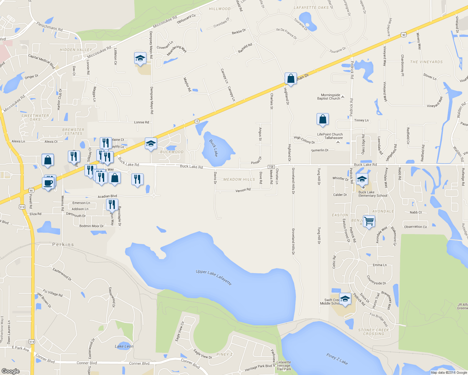 map of restaurants, bars, coffee shops, grocery stores, and more near 4916 Vernon Road in Tallahassee