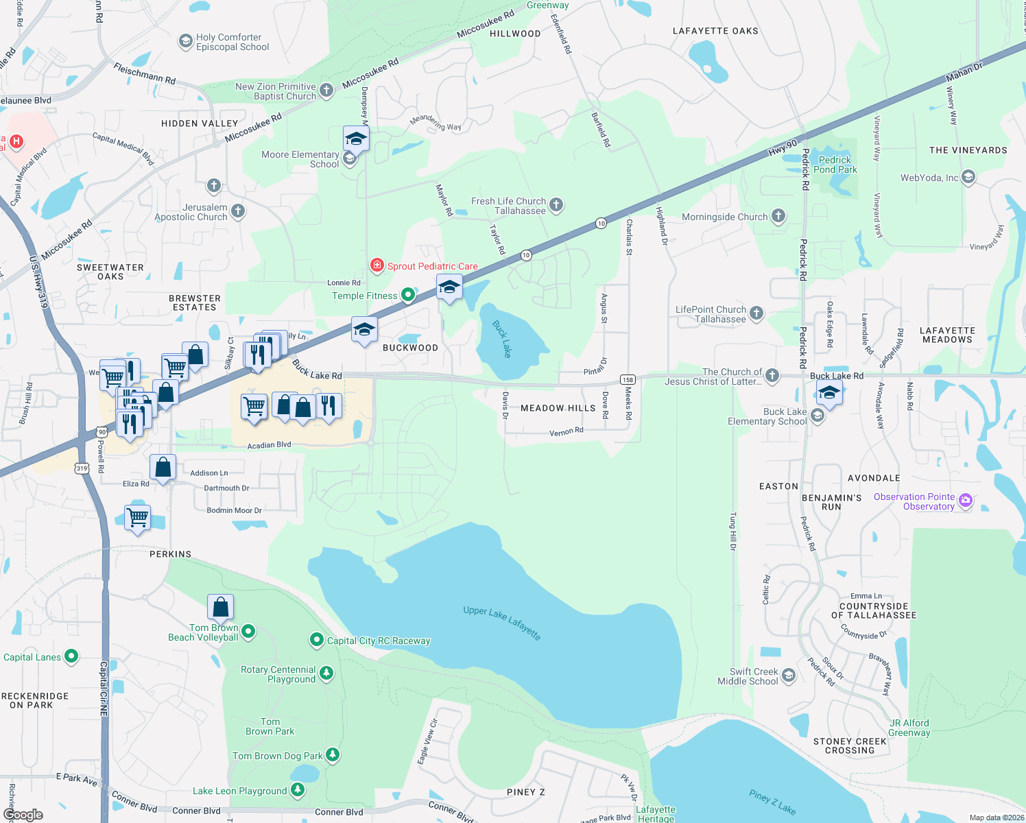 map of restaurants, bars, coffee shops, grocery stores, and more near 1507 Davis Drive in Tallahassee
