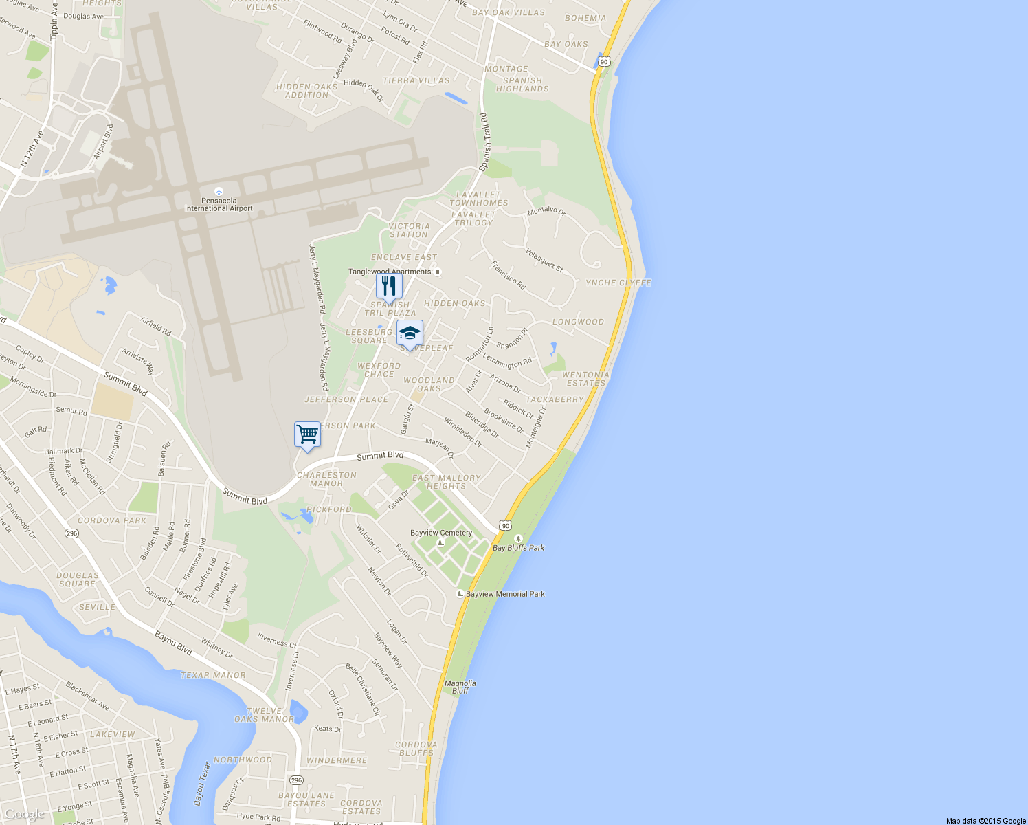 map of restaurants, bars, coffee shops, grocery stores, and more near 3549 Riddick Drive in Pensacola