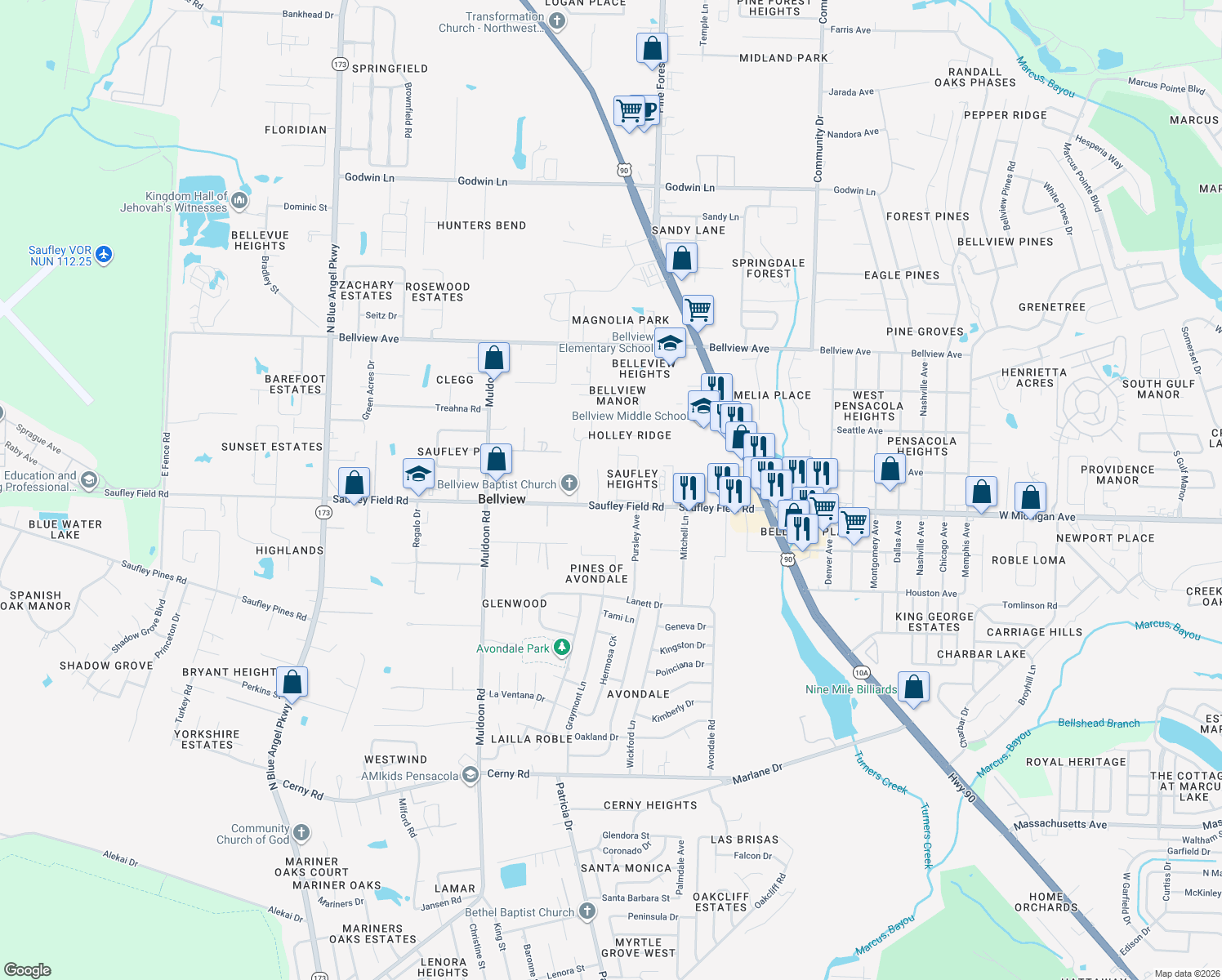 map of restaurants, bars, coffee shops, grocery stores, and more near 1 Parda Boulevard in Pensacola