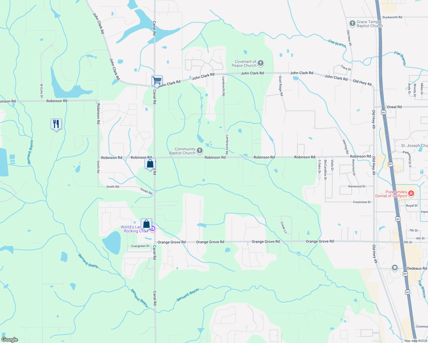 map of restaurants, bars, coffee shops, grocery stores, and more near 17247 Robinson Road in Gulfport