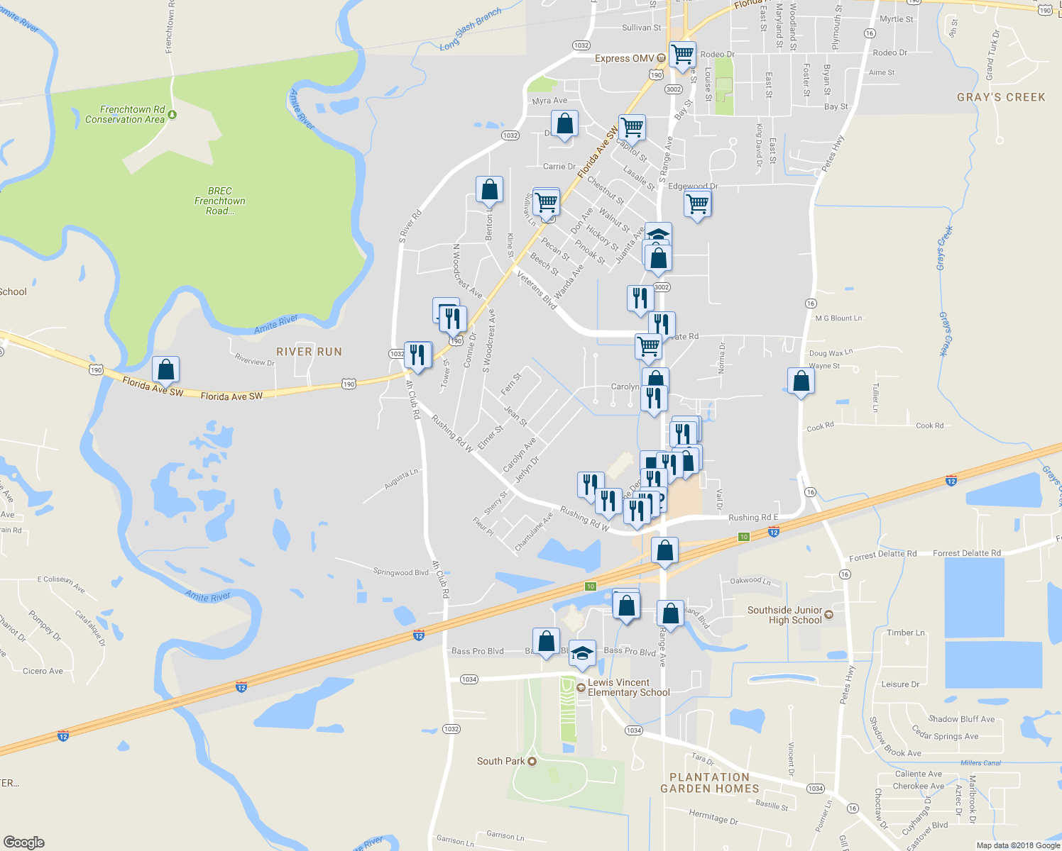 map of restaurants, bars, coffee shops, grocery stores, and more near 2048 Falconcrest Drive in Denham Springs