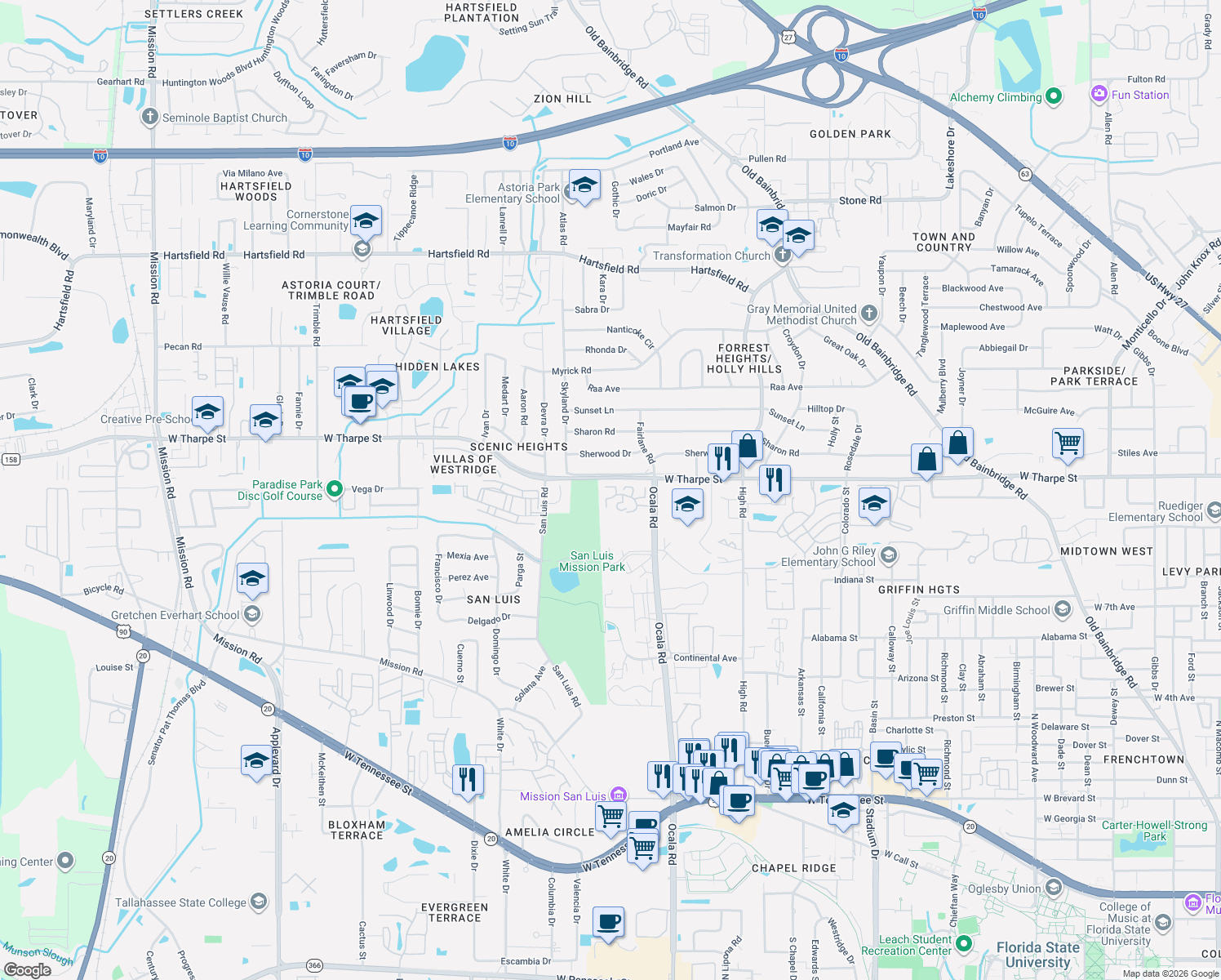 map of restaurants, bars, coffee shops, grocery stores, and more near 302 Westwood Drive in Tallahassee