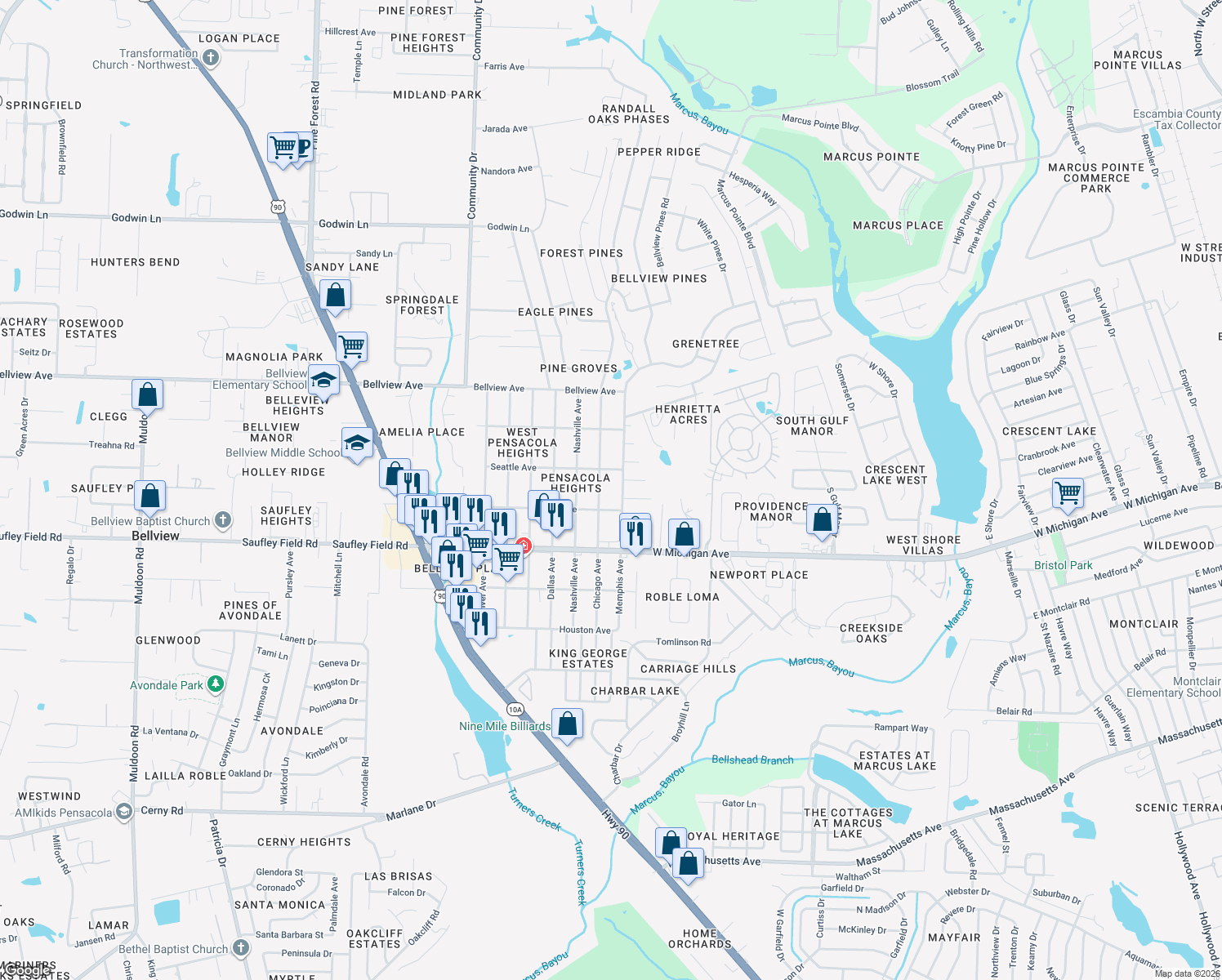 map of restaurants, bars, coffee shops, grocery stores, and more near 6106 Chicago Avenue in Pensacola