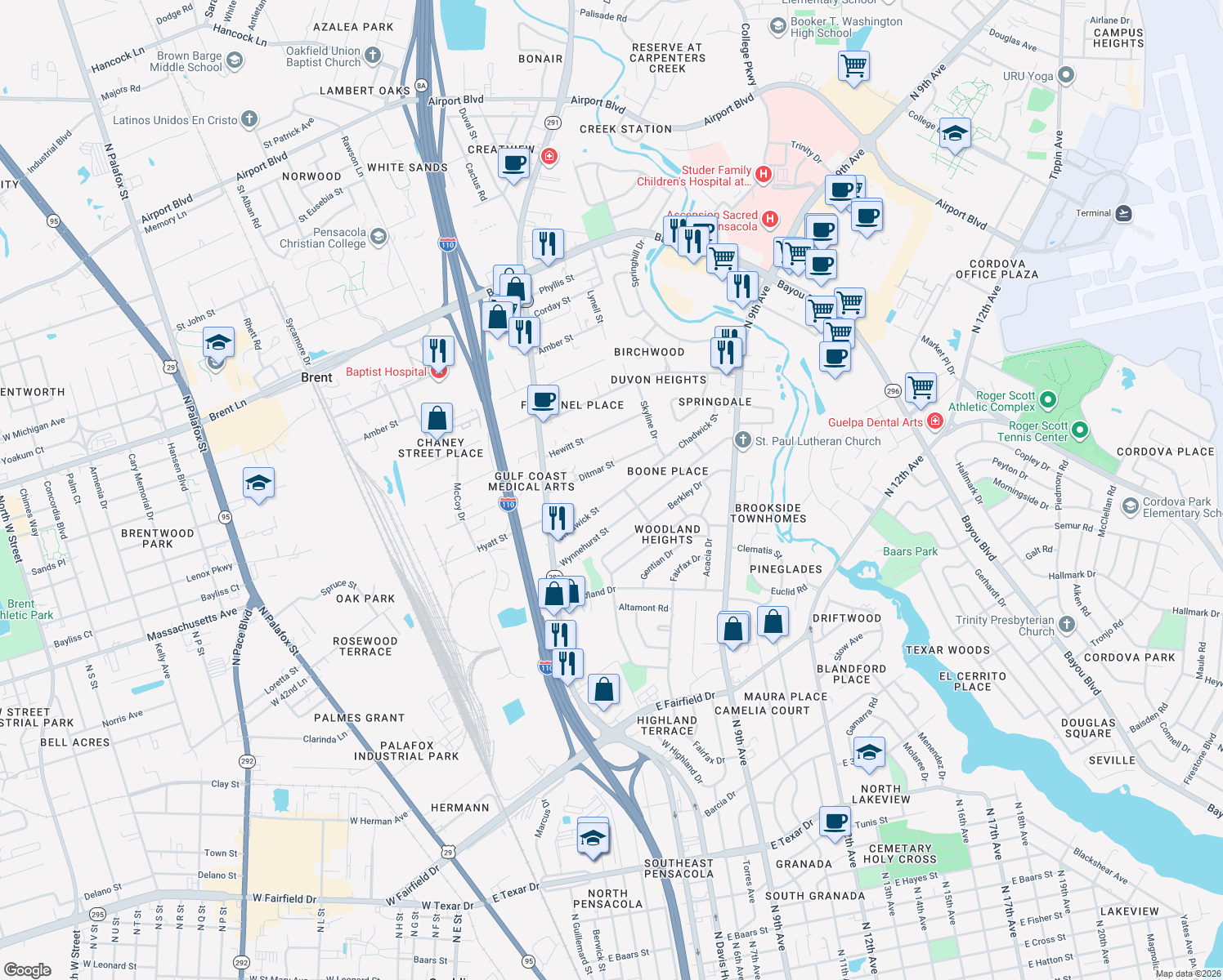 map of restaurants, bars, coffee shops, grocery stores, and more near 546 Chadwick Street in Pensacola