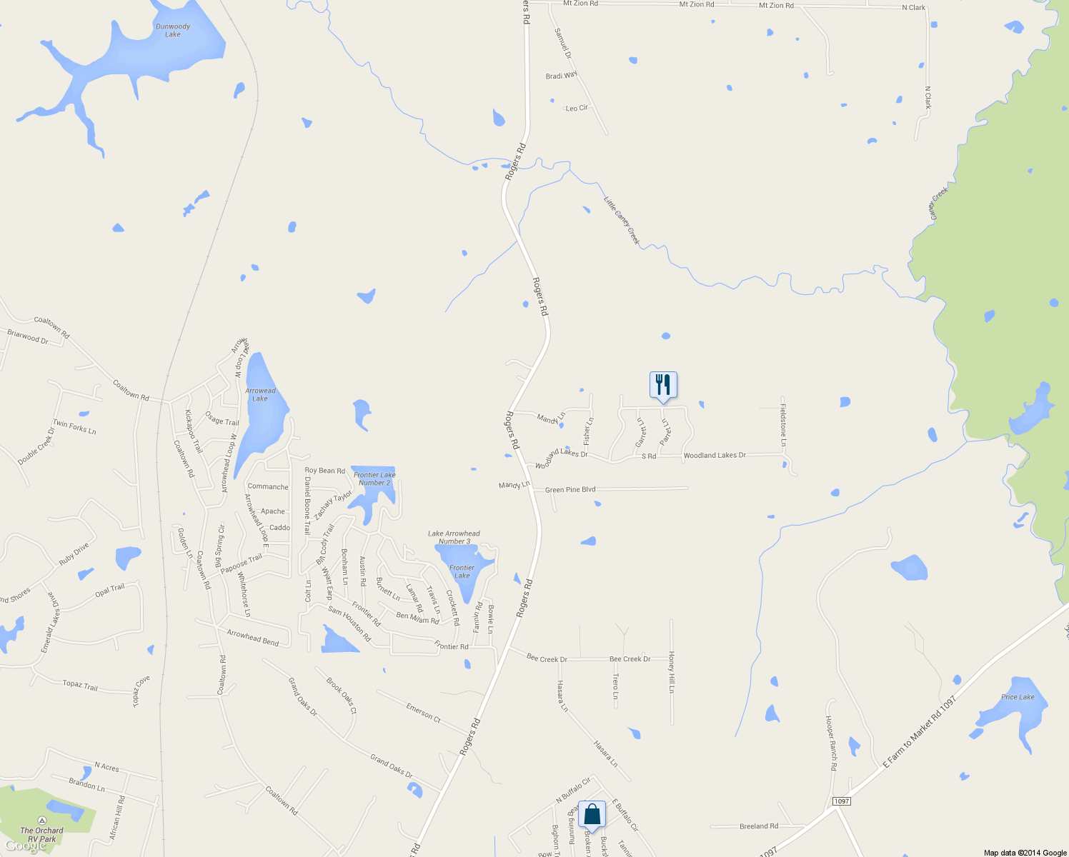 map of restaurants, bars, coffee shops, grocery stores, and more near 5516 Mandy Lane in Willis