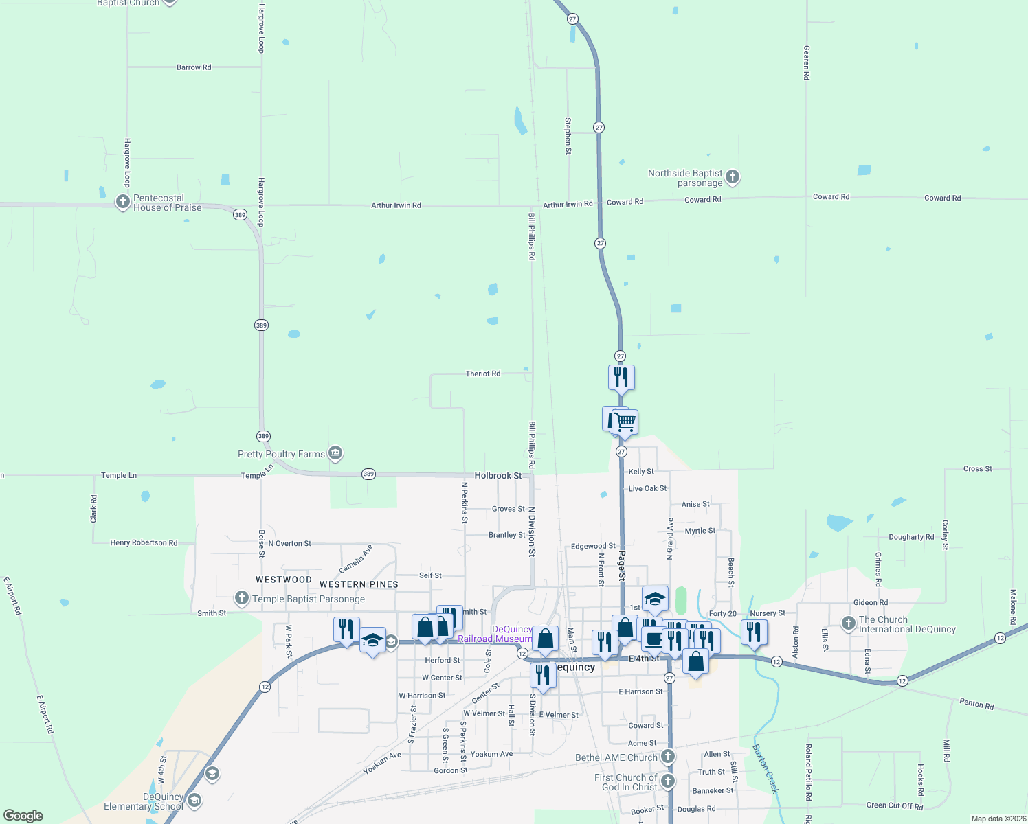 map of restaurants, bars, coffee shops, grocery stores, and more near 1049 Bill Phillips Road in DeQuincy