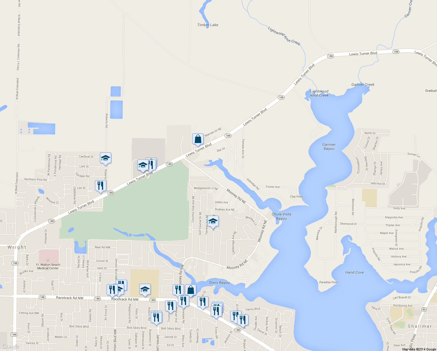 map of restaurants, bars, coffee shops, grocery stores, and more near 37 Mooney Rd NE in Fort Walton Beach