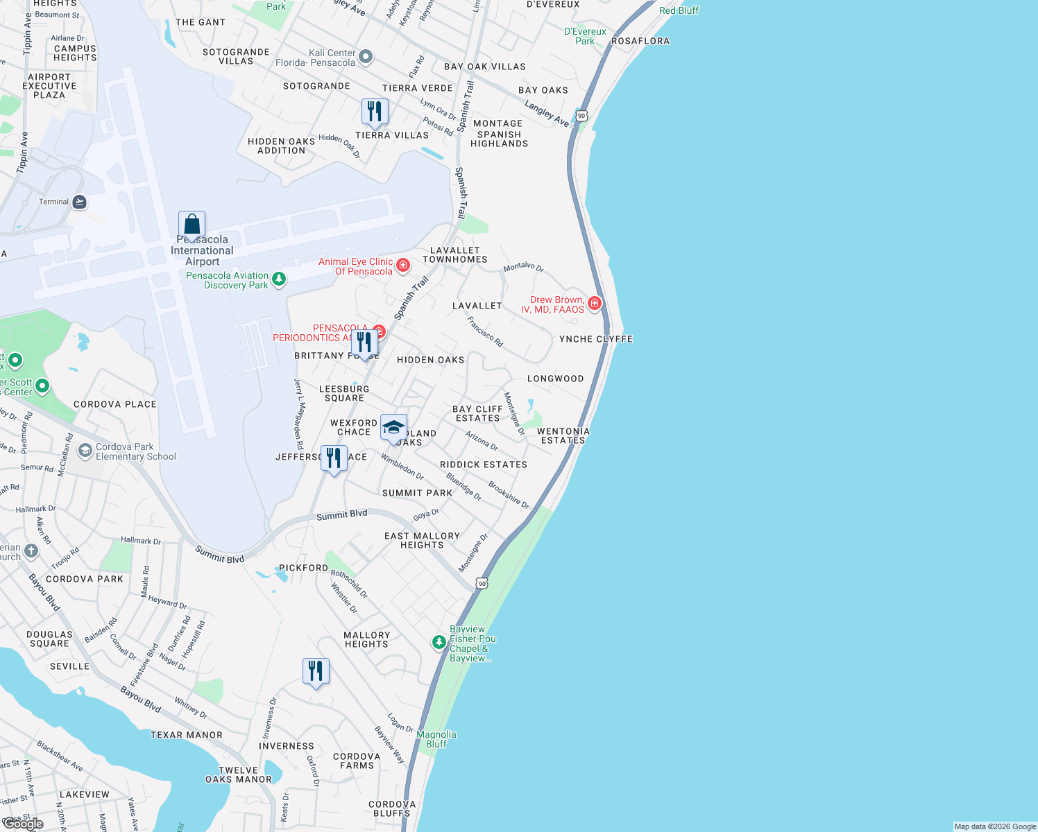 map of restaurants, bars, coffee shops, grocery stores, and more near 4180 Monteigne Drive in Pensacola