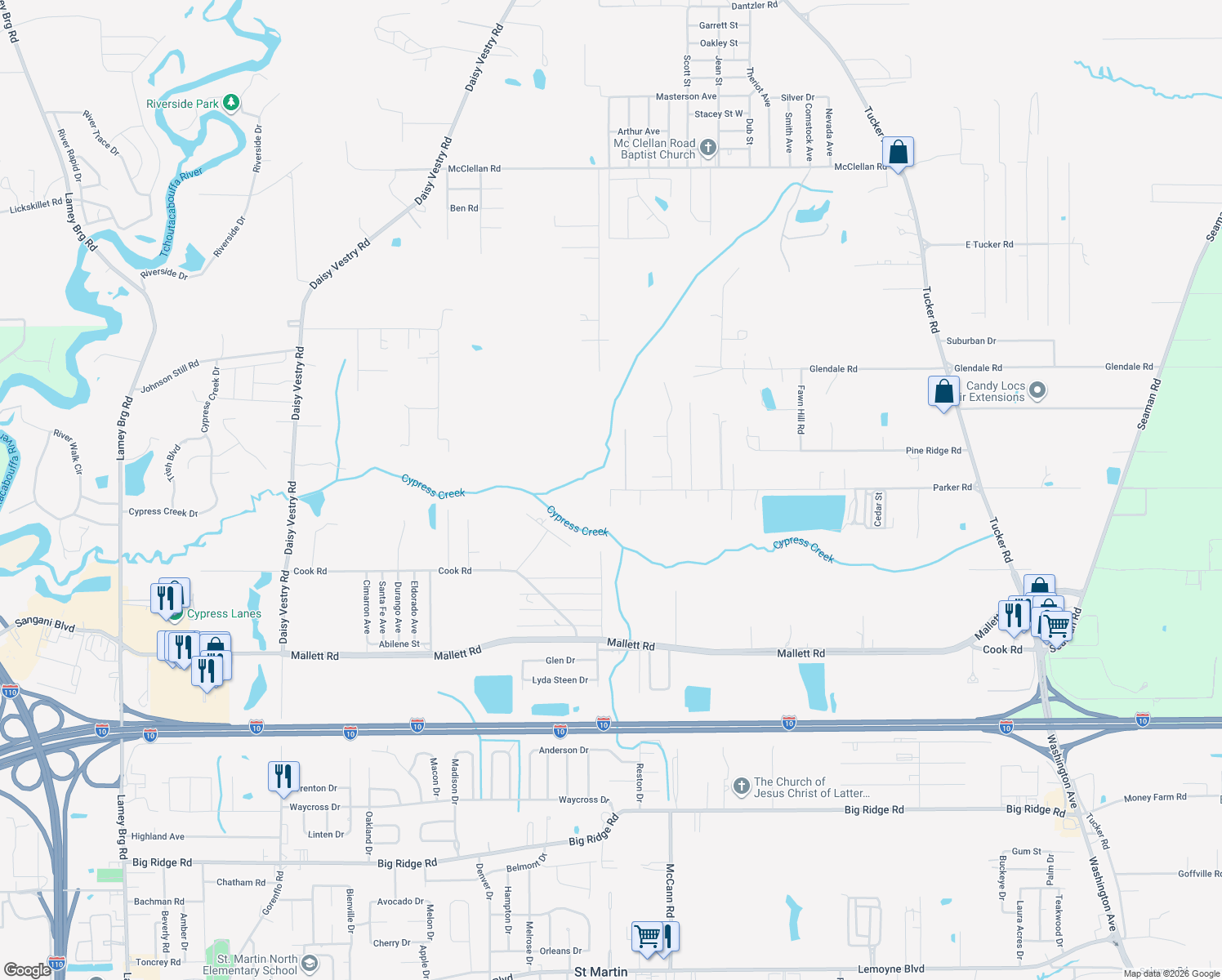 map of restaurants, bars, coffee shops, grocery stores, and more near 15298 Parker Rd in Biloxi