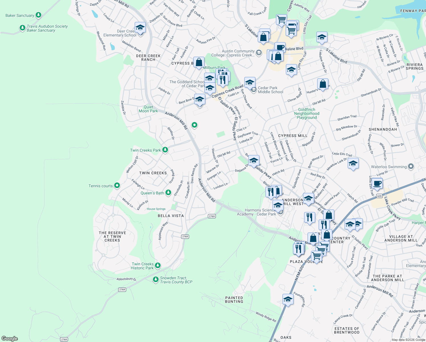 map of restaurants, bars, coffee shops, grocery stores, and more near 2214 Macaw Drive in Cedar Park