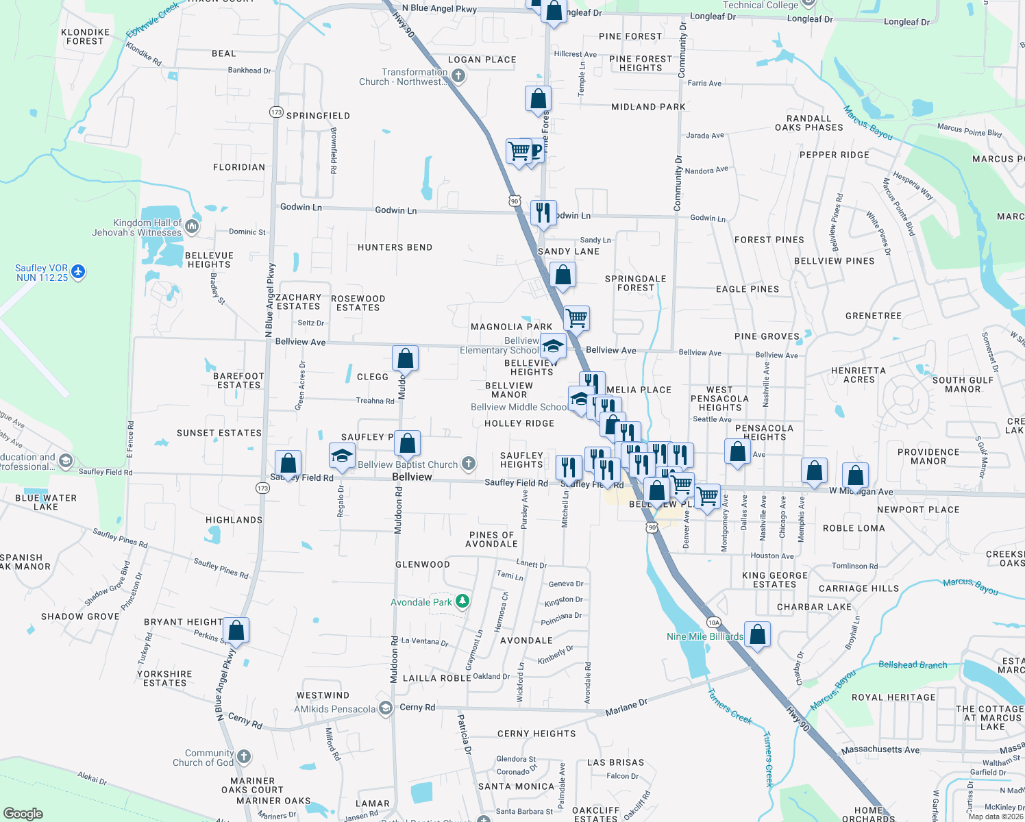 map of restaurants, bars, coffee shops, grocery stores, and more near 6250 Bradshaw Street in Pensacola