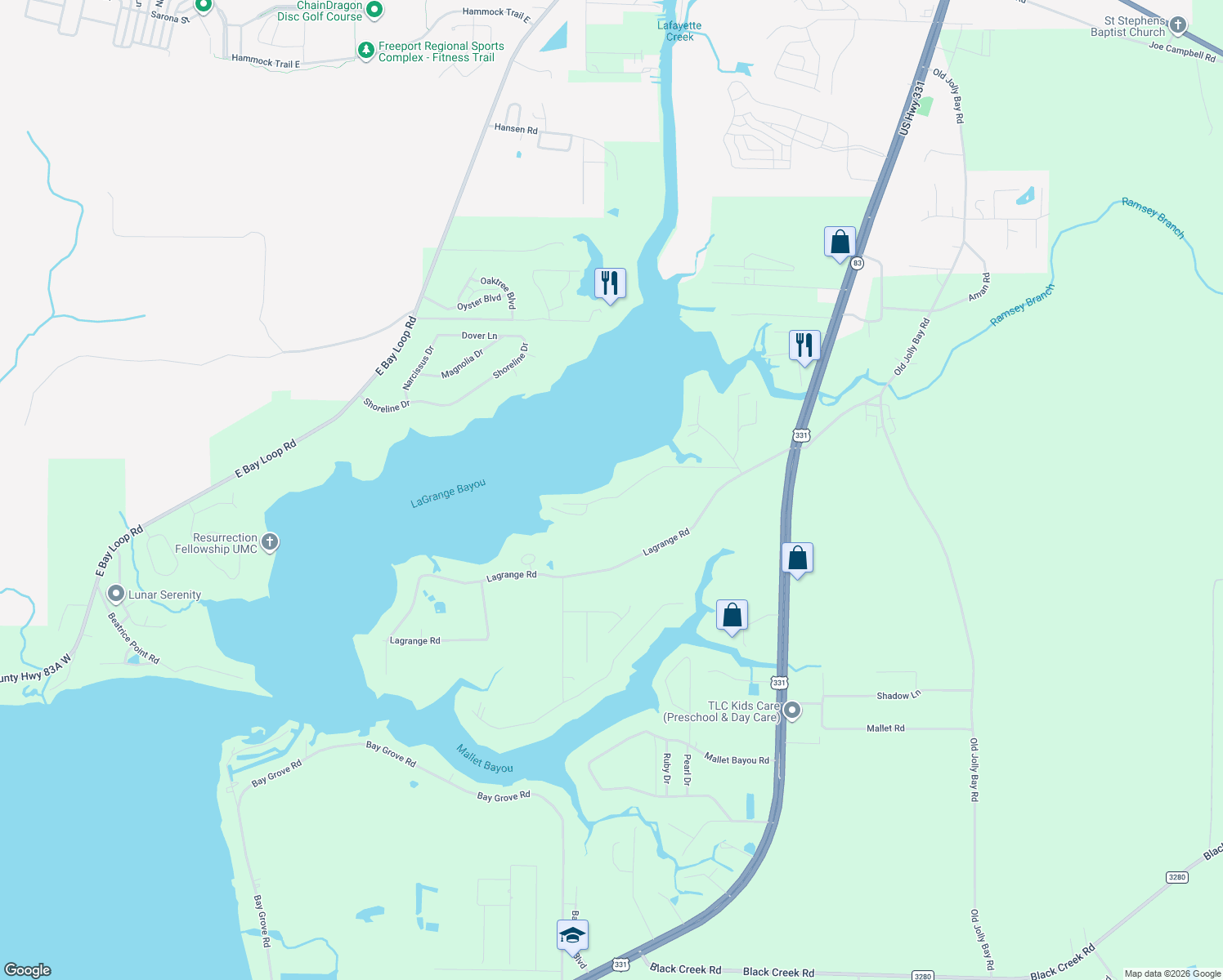 map of restaurants, bars, coffee shops, grocery stores, and more near 432 Holly Point Rd in Freeport