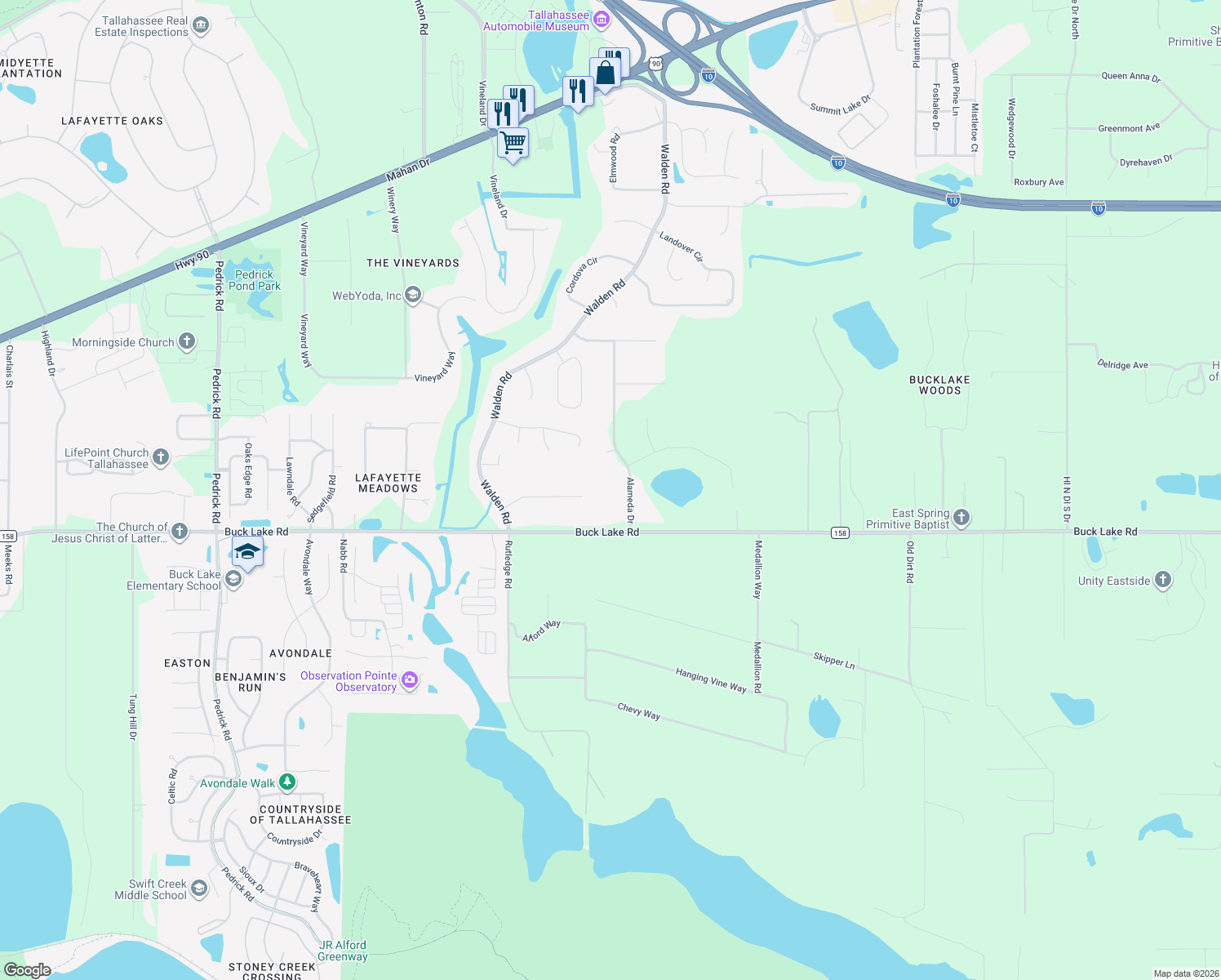 map of restaurants, bars, coffee shops, grocery stores, and more near 1028 Alameda Drive in Tallahassee