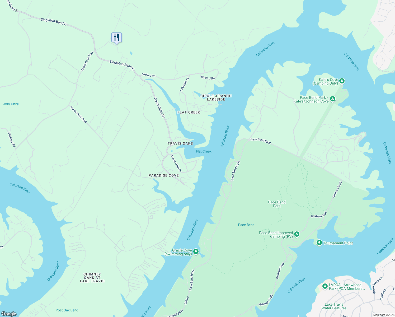 map of restaurants, bars, coffee shops, grocery stores, and more near 23408 Park Drive in Marble Falls