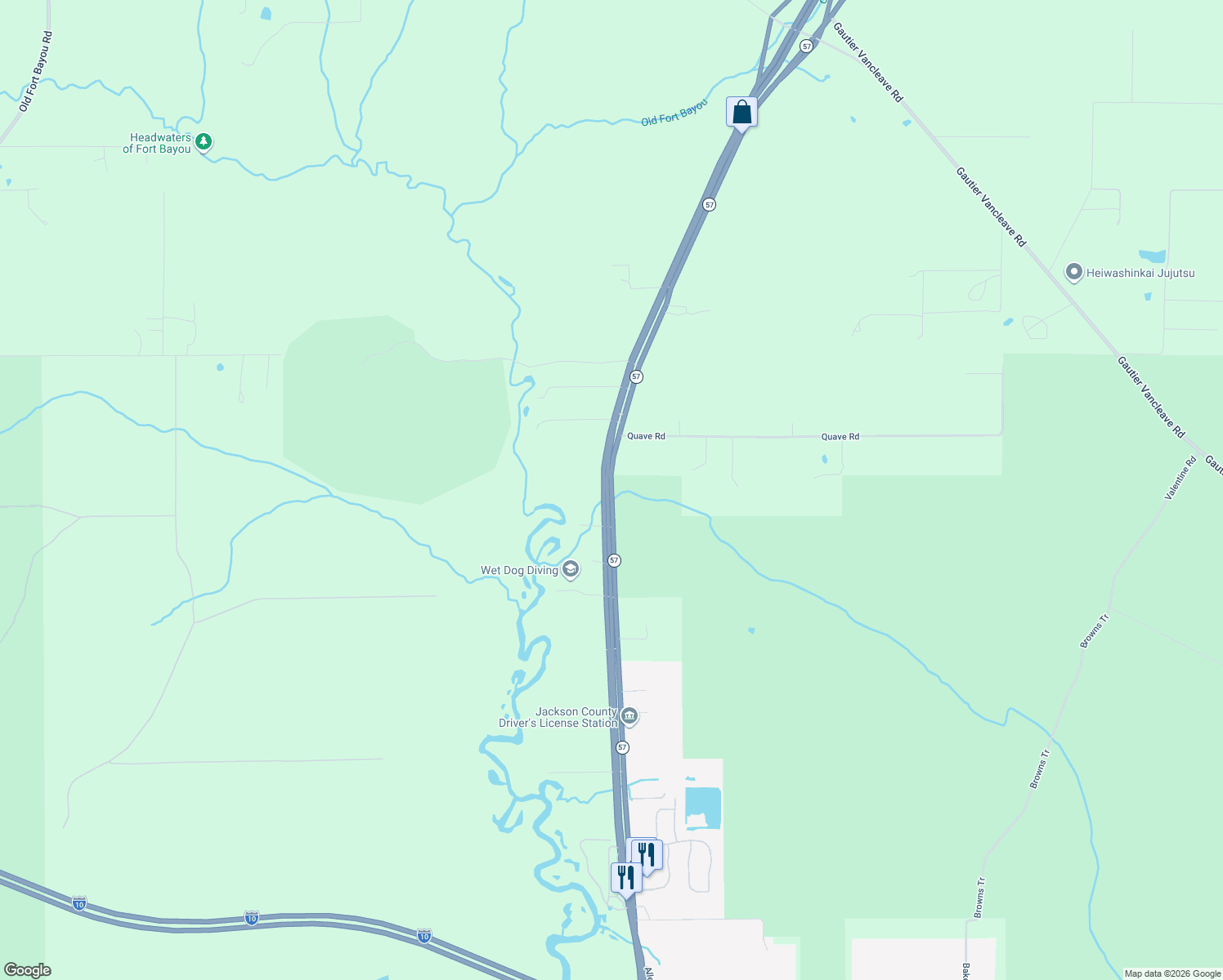 map of restaurants, bars, coffee shops, grocery stores, and more near 8804 Highway 57 in Vancleave