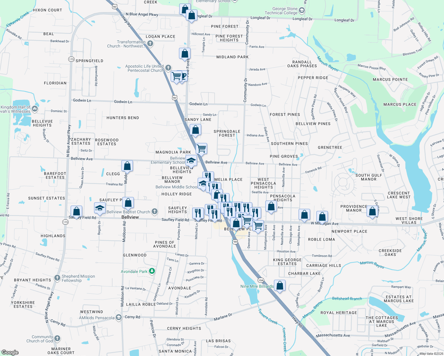 map of restaurants, bars, coffee shops, grocery stores, and more near 6347 Mers Lane in Pensacola
