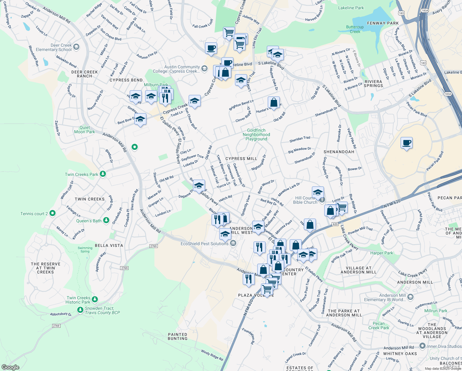 map of restaurants, bars, coffee shops, grocery stores, and more near 2902 Tierra Blanco Trail in Cedar Park