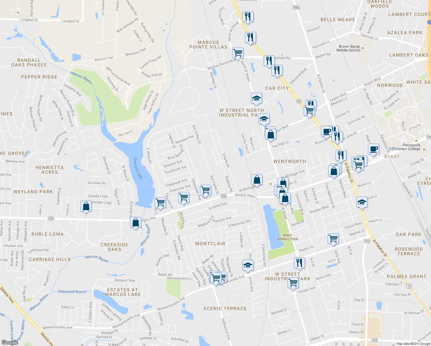 map of restaurants, bars, coffee shops, grocery stores, and more near 5500 Sun Valley Drive in Pensacola