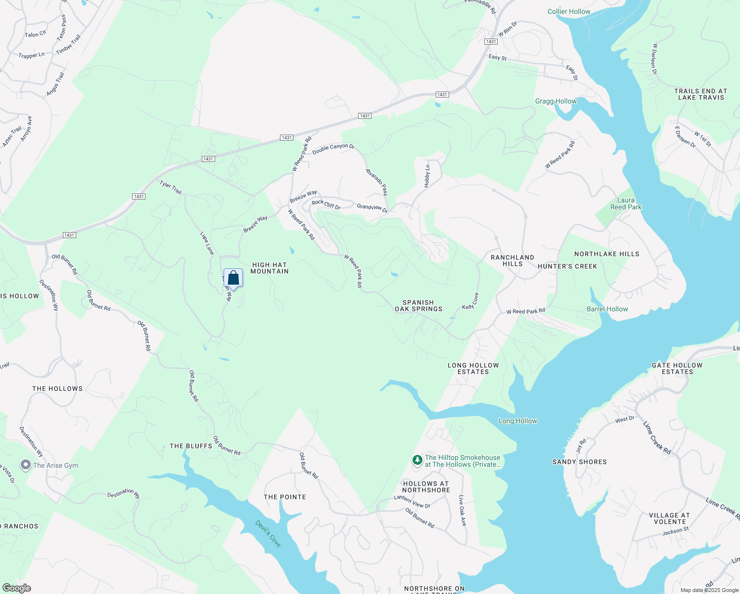 map of restaurants, bars, coffee shops, grocery stores, and more near 18319 West Reed Park Road in Jonestown