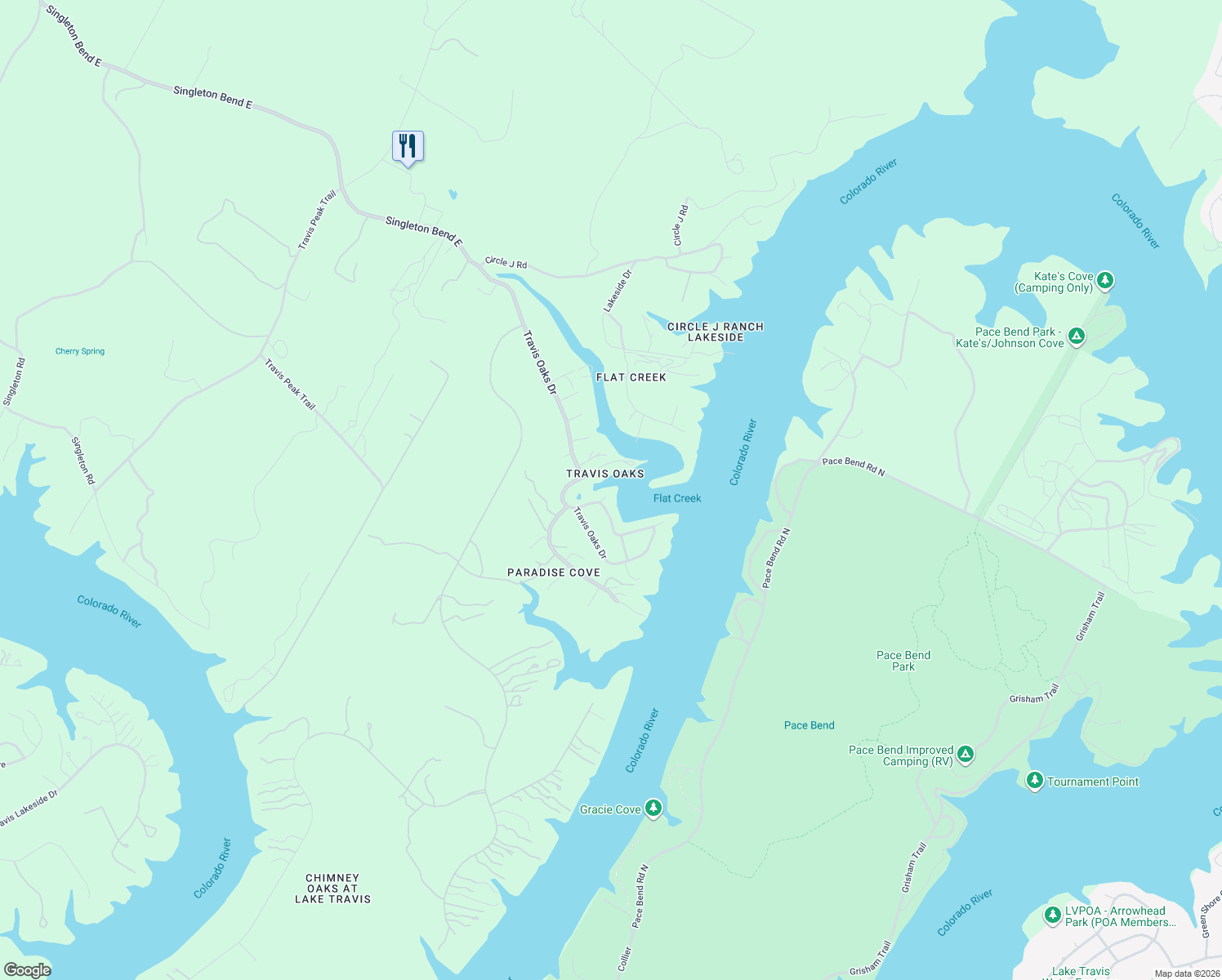map of restaurants, bars, coffee shops, grocery stores, and more near 23600 Foley Circle in Marble Falls