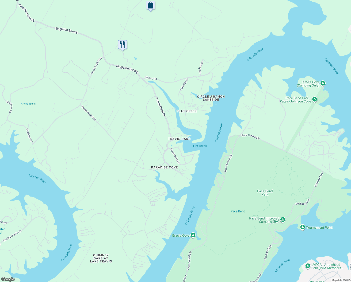 map of restaurants, bars, coffee shops, grocery stores, and more near 23521 Flat Creek Drive in Marble Falls