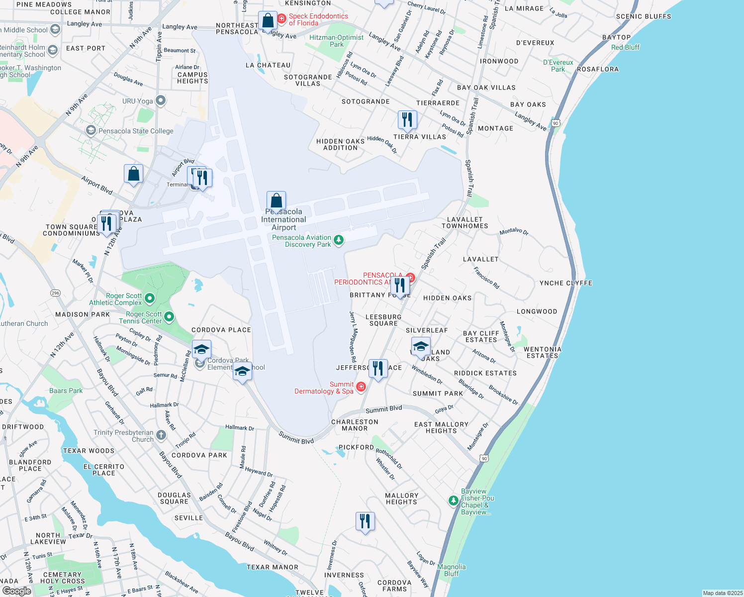 map of restaurants, bars, coffee shops, grocery stores, and more near 3103 Brittany Place in Pensacola