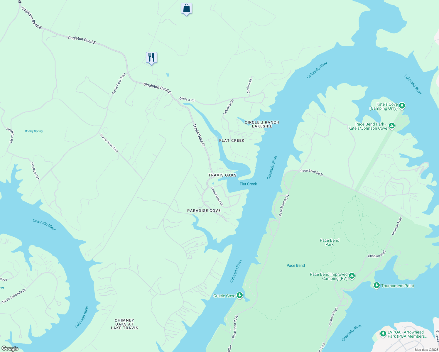 map of restaurants, bars, coffee shops, grocery stores, and more near 23521 Flat Creek Drive in Marble Falls