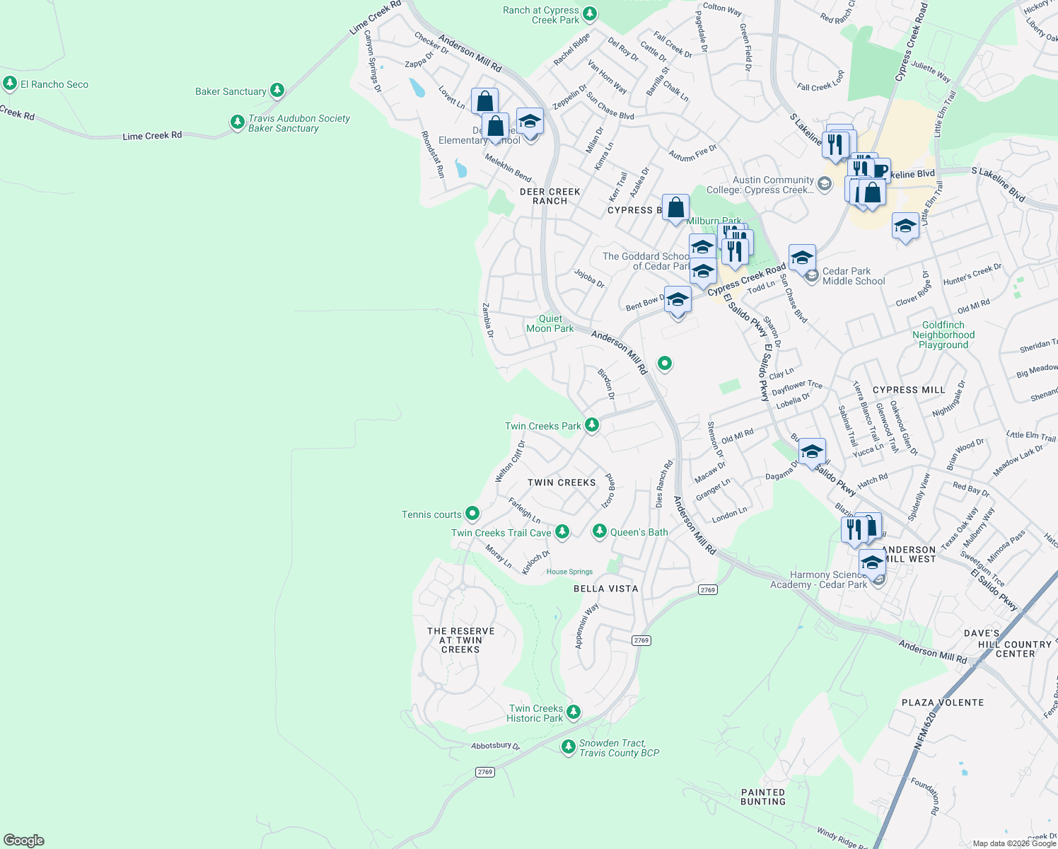 map of restaurants, bars, coffee shops, grocery stores, and more near 2300 Aldworth Dr in Cedar Park