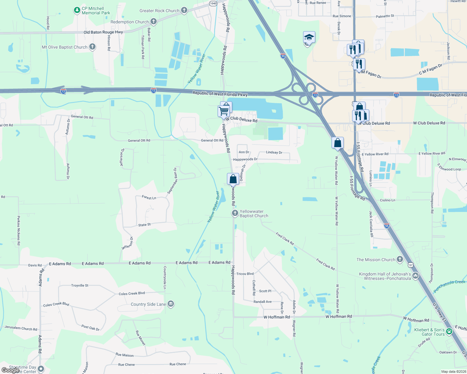 map of restaurants, bars, coffee shops, grocery stores, and more near 41224 Happywoods Rd in Hammond