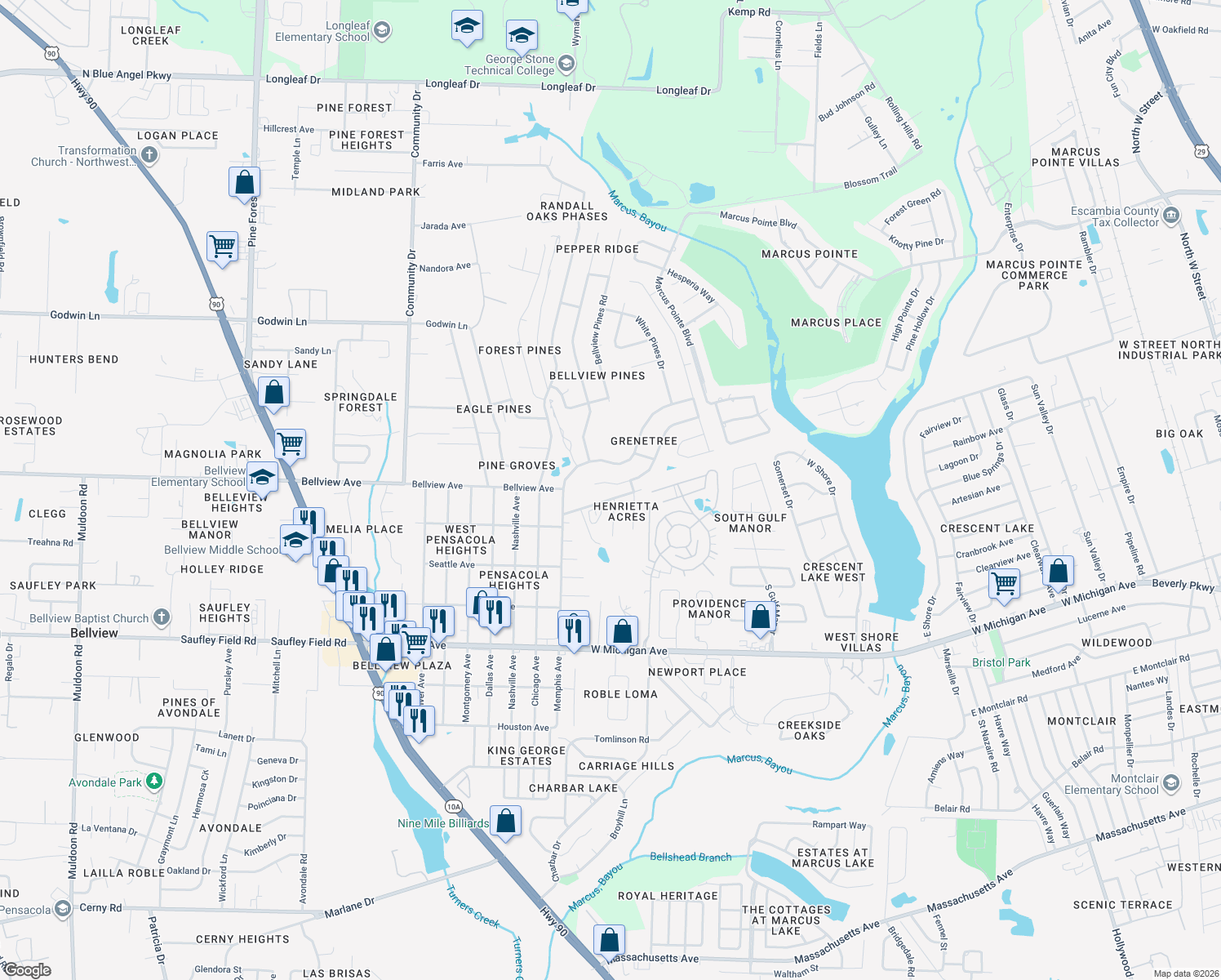 map of restaurants, bars, coffee shops, grocery stores, and more near 2383 Windstone Drive in Pensacola