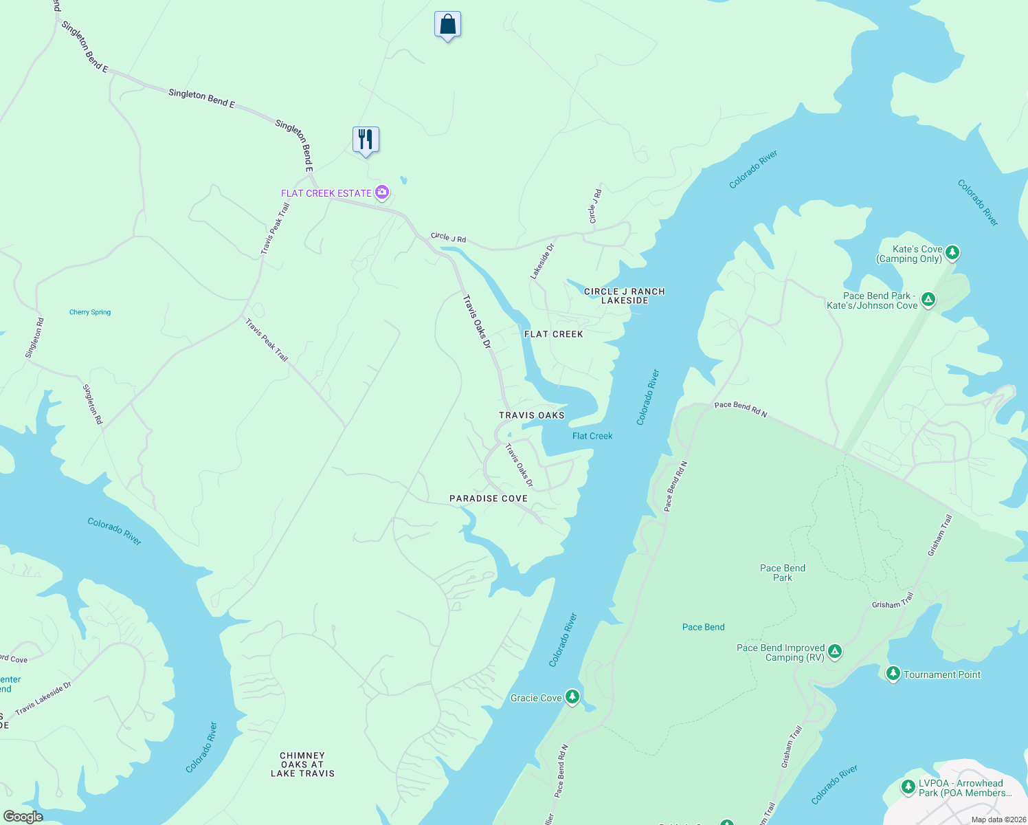 map of restaurants, bars, coffee shops, grocery stores, and more near 23521 Flat Creek Drive in Marble Falls