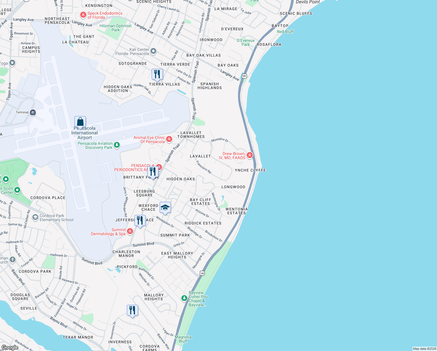 map of restaurants, bars, coffee shops, grocery stores, and more near 4660 Francisco Road in Pensacola