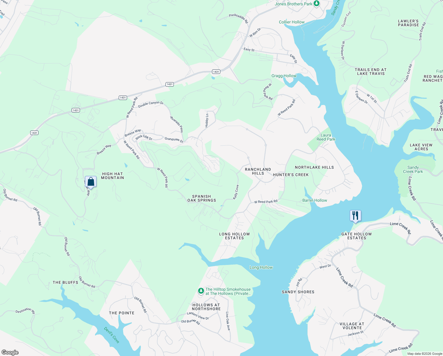 map of restaurants, bars, coffee shops, grocery stores, and more near 18610 West Reed Park Road in Jonestown