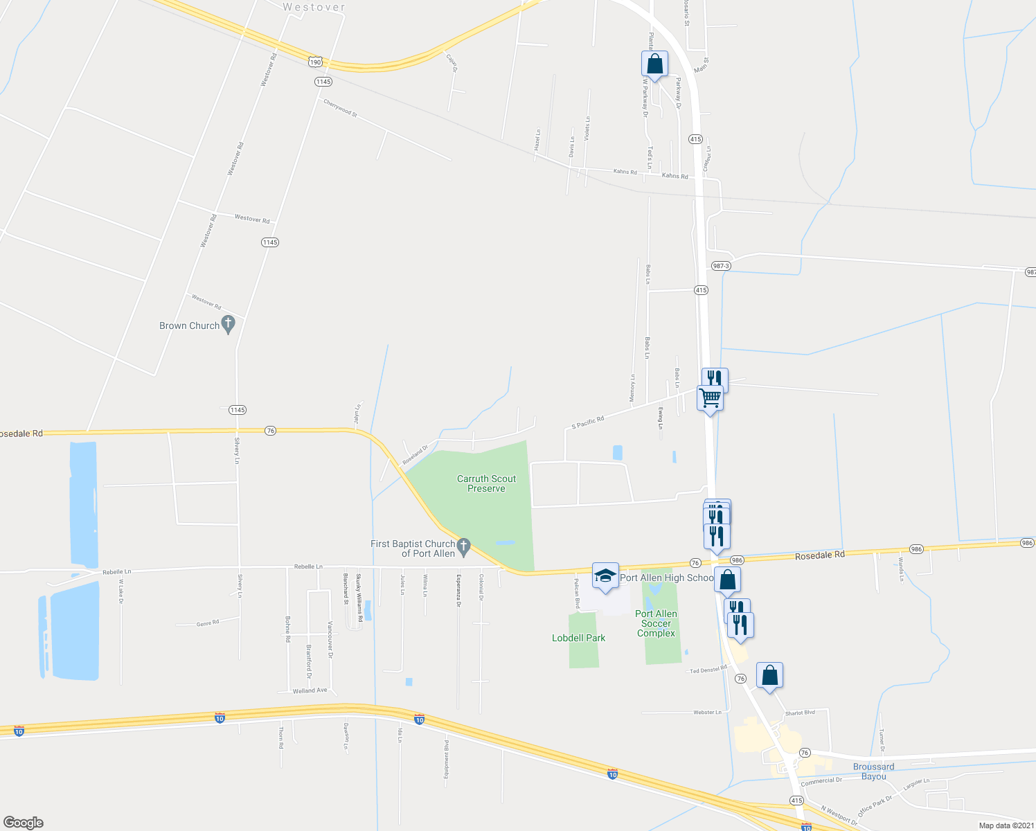 map of restaurants, bars, coffee shops, grocery stores, and more near 143 Rosebud Drive in Port Allen